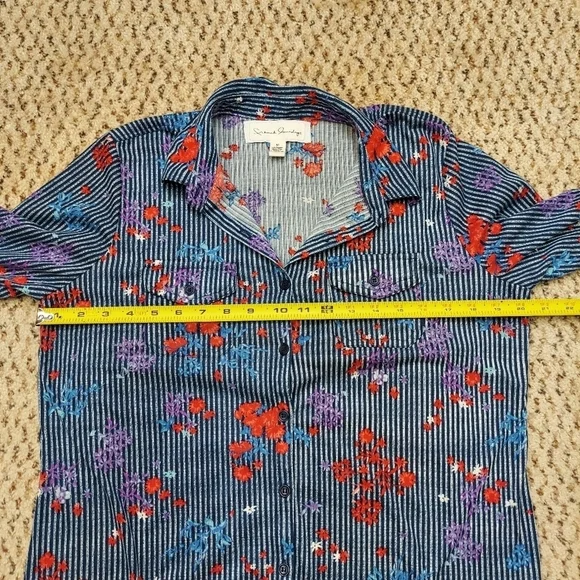 French Laundry Womens Size M Blue Floral Striped Button Front Blouse Long Sleeve - Picture 8 of 14
